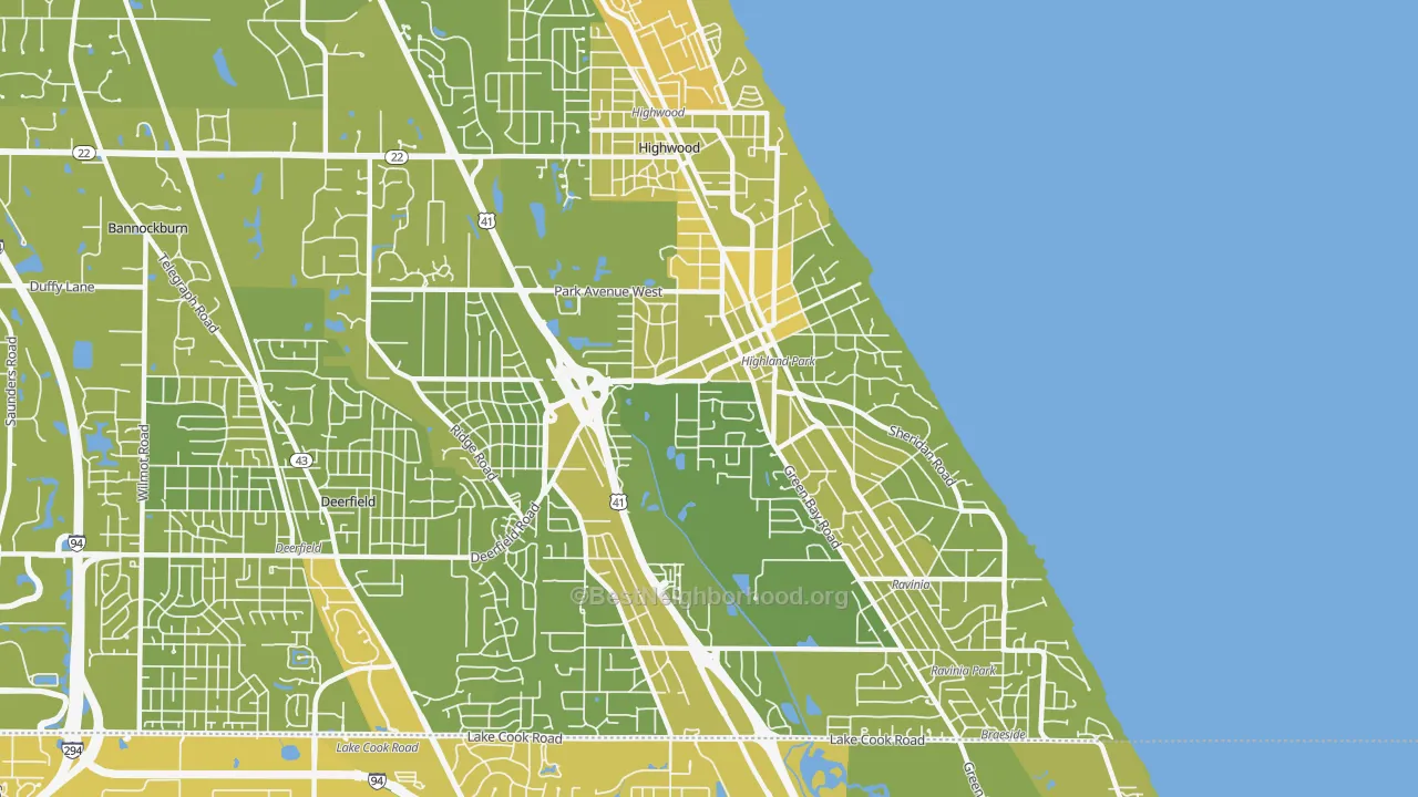 Map of the best neighborhoods in the Highland Park area, with better matches in green and worse matches in red