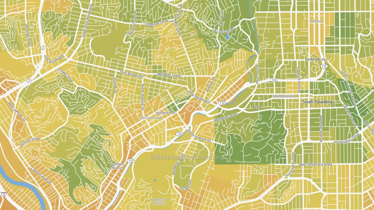 Map of the best neighborhoods in the Highland Park, Los Angeles area, with better matches in green and worse matches in red