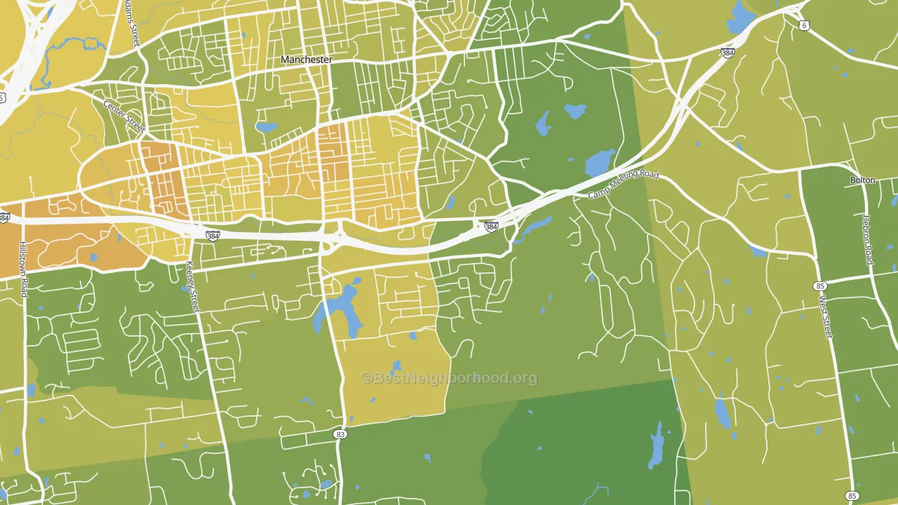Map of the best neighborhoods in the Highland Park, Manchester area, with better matches in green and worse matches in red