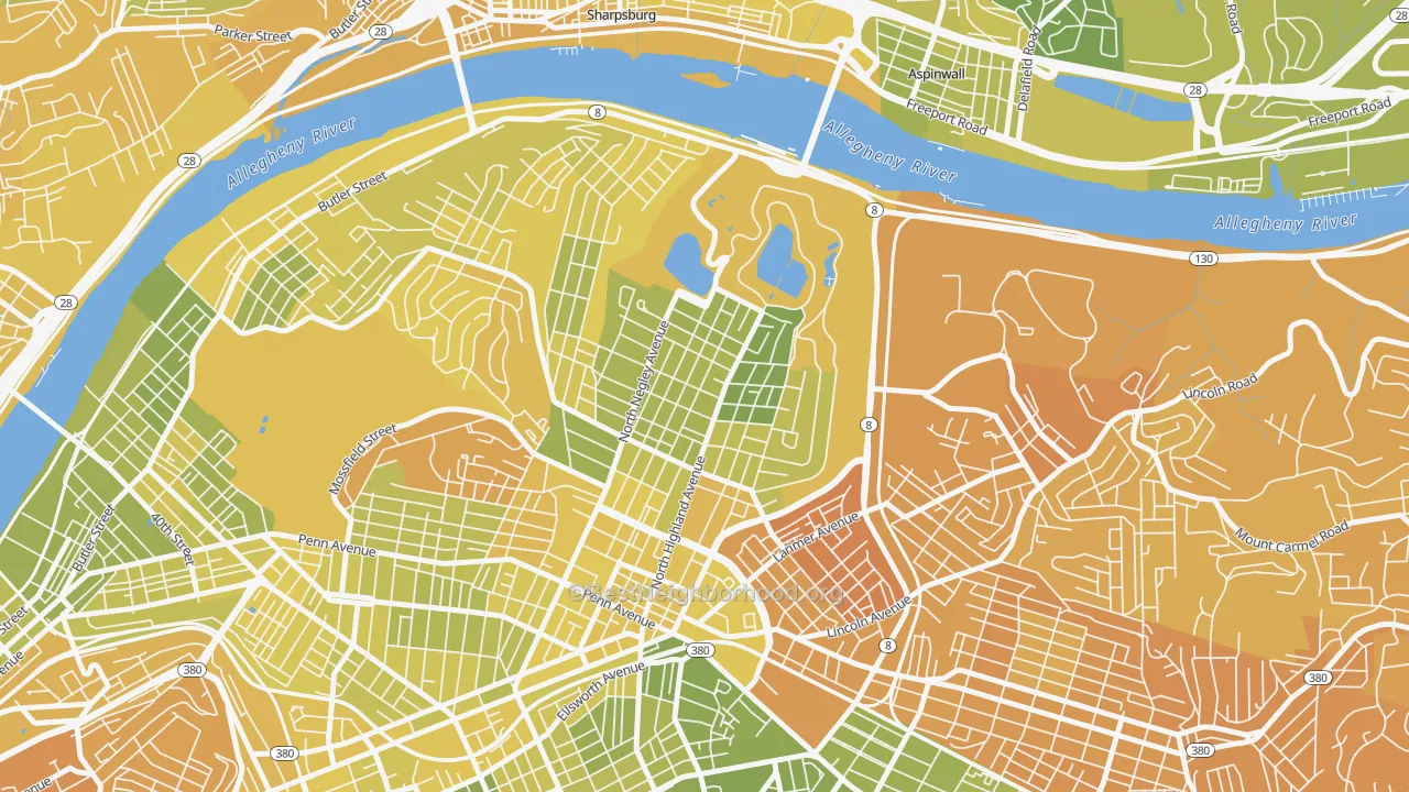 Map of the best neighborhoods in the Highland Park, Pittsburgh area, with better matches in green and worse matches in red