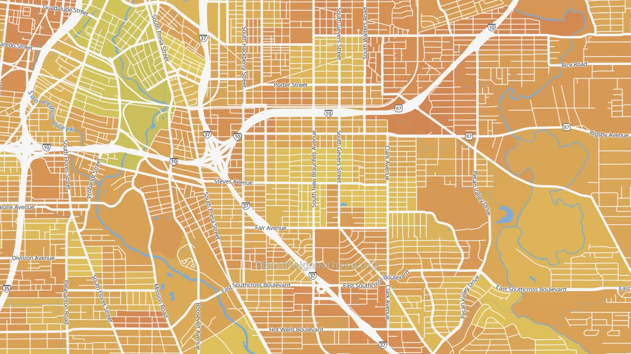 Map of the best neighborhoods in the Highland Park, San Antonio area, with better matches in green and worse matches in red
