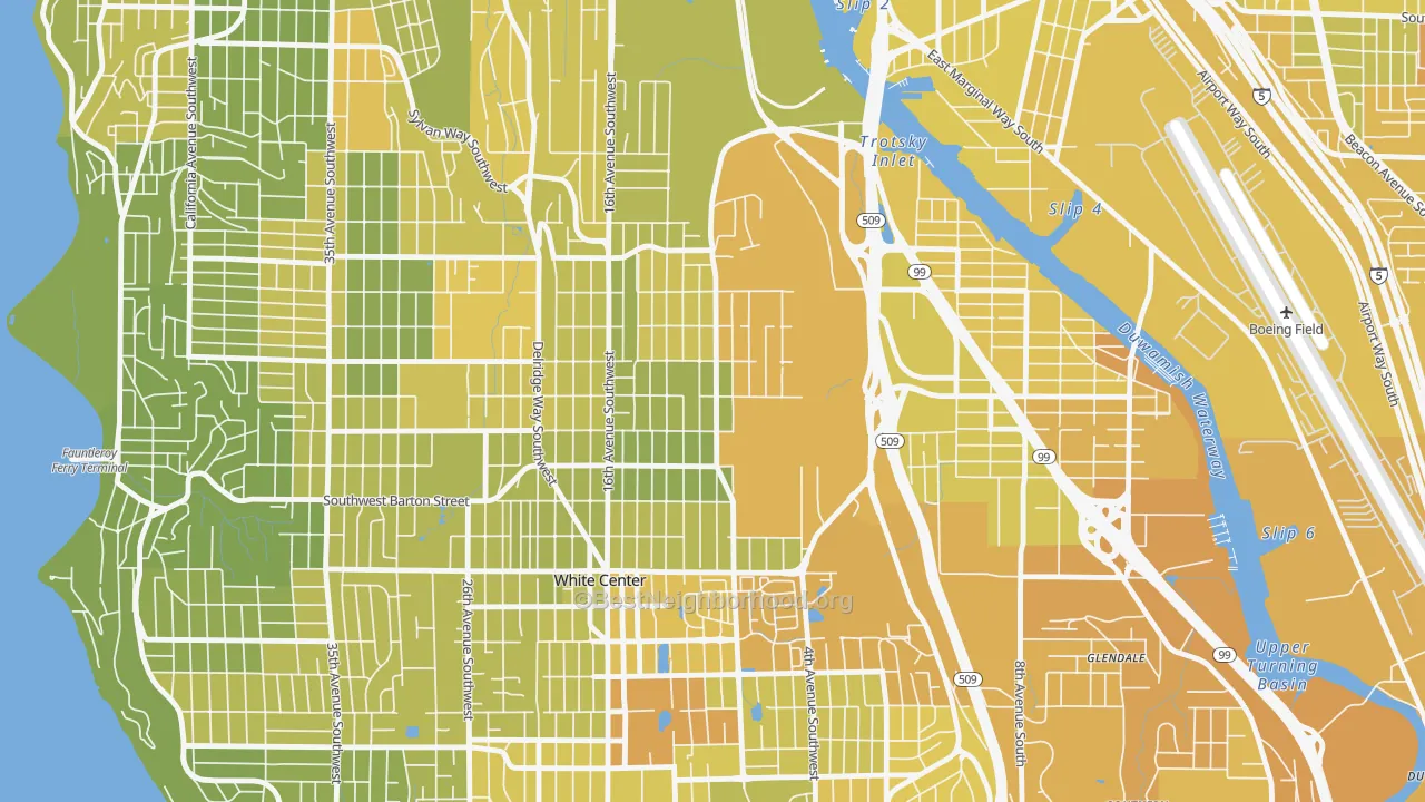 Map of the best neighborhoods in the Highland Park, Seattle area, with better matches in green and worse matches in red