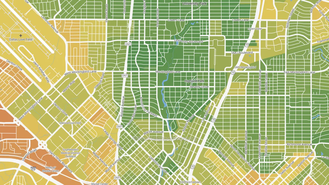 Map of the best neighborhoods in the Highland Park area, with better matches in green and worse matches in red