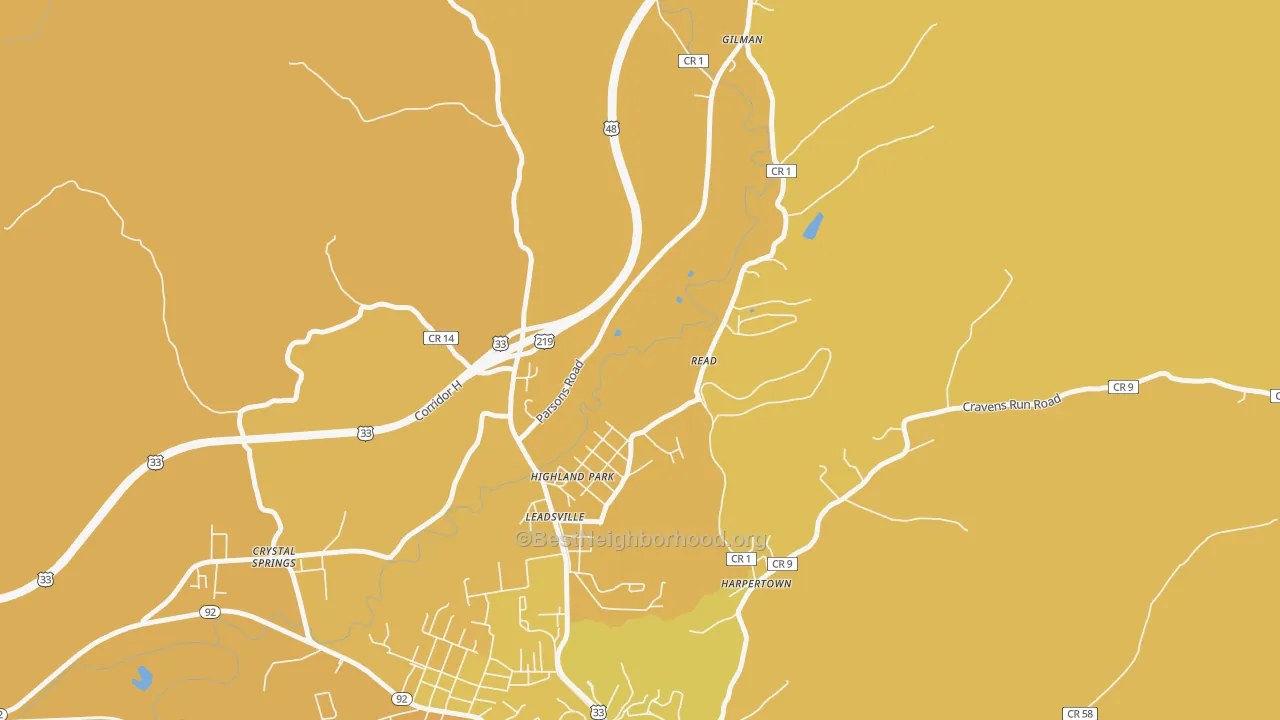Map of the best neighborhoods in the Highland Park area, with better matches in green and worse matches in red