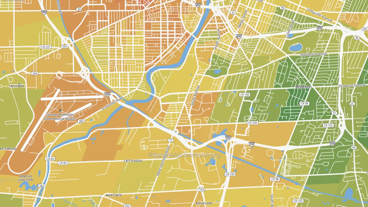 Map of the best neighborhoods in the Highland, Rochester area, with better matches in green and worse matches in red