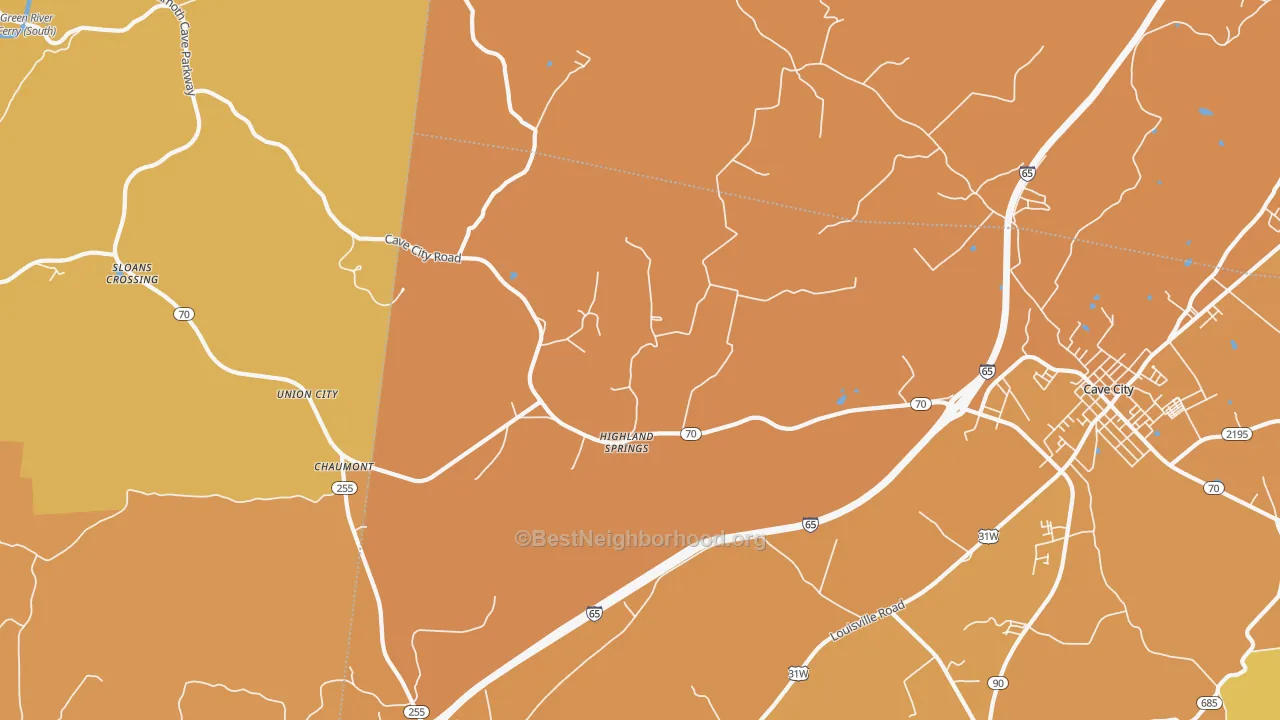 Map of the best neighborhoods in the Highland Spring area, with better matches in green and worse matches in red
