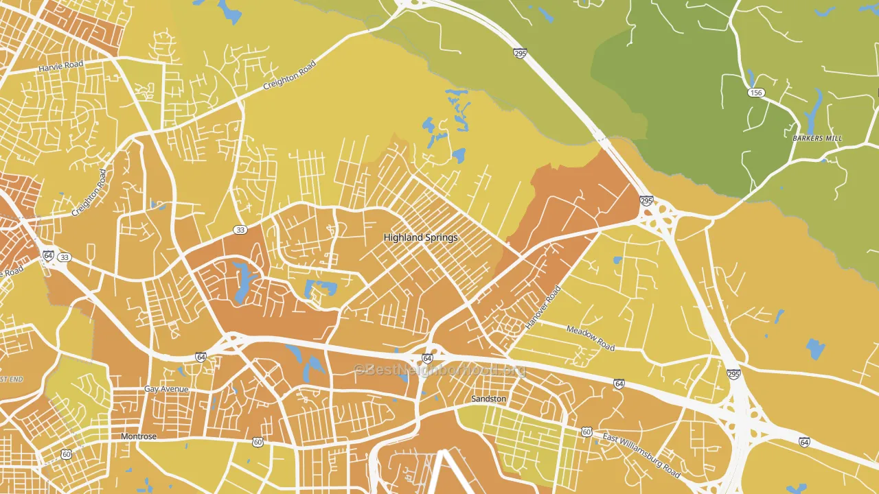Map of the best neighborhoods in the Highland Springs area, with better matches in green and worse matches in red