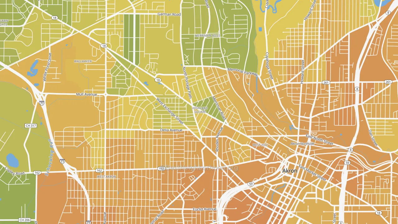 Map of the best neighborhoods in the Highland Square, Akron area, with better matches in green and worse matches in red