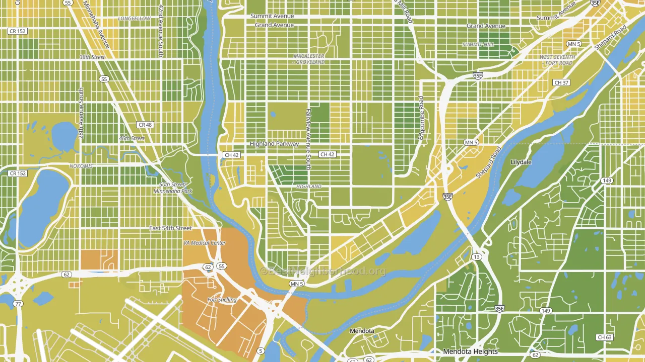 Map of the best neighborhoods in the Highland, St. Paul area, with better matches in green and worse matches in red