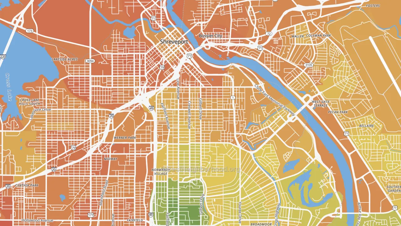 Map of the best neighborhoods in the Highland-Stoner Hill, Shreveport area, with better matches in green and worse matches in red