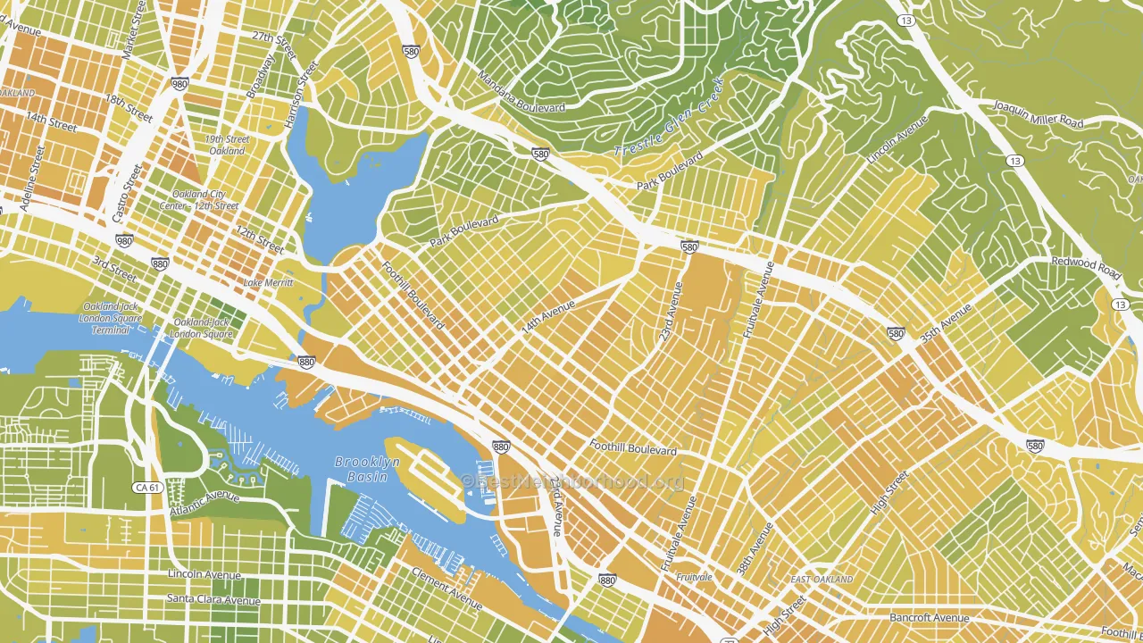 Map of the best neighborhoods in the Highland Terrace, Oakland area, with better matches in green and worse matches in red