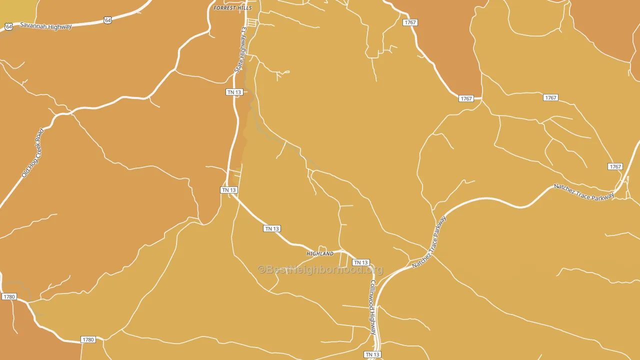 Map of the best neighborhoods in the Highland area, with better matches in green and worse matches in red