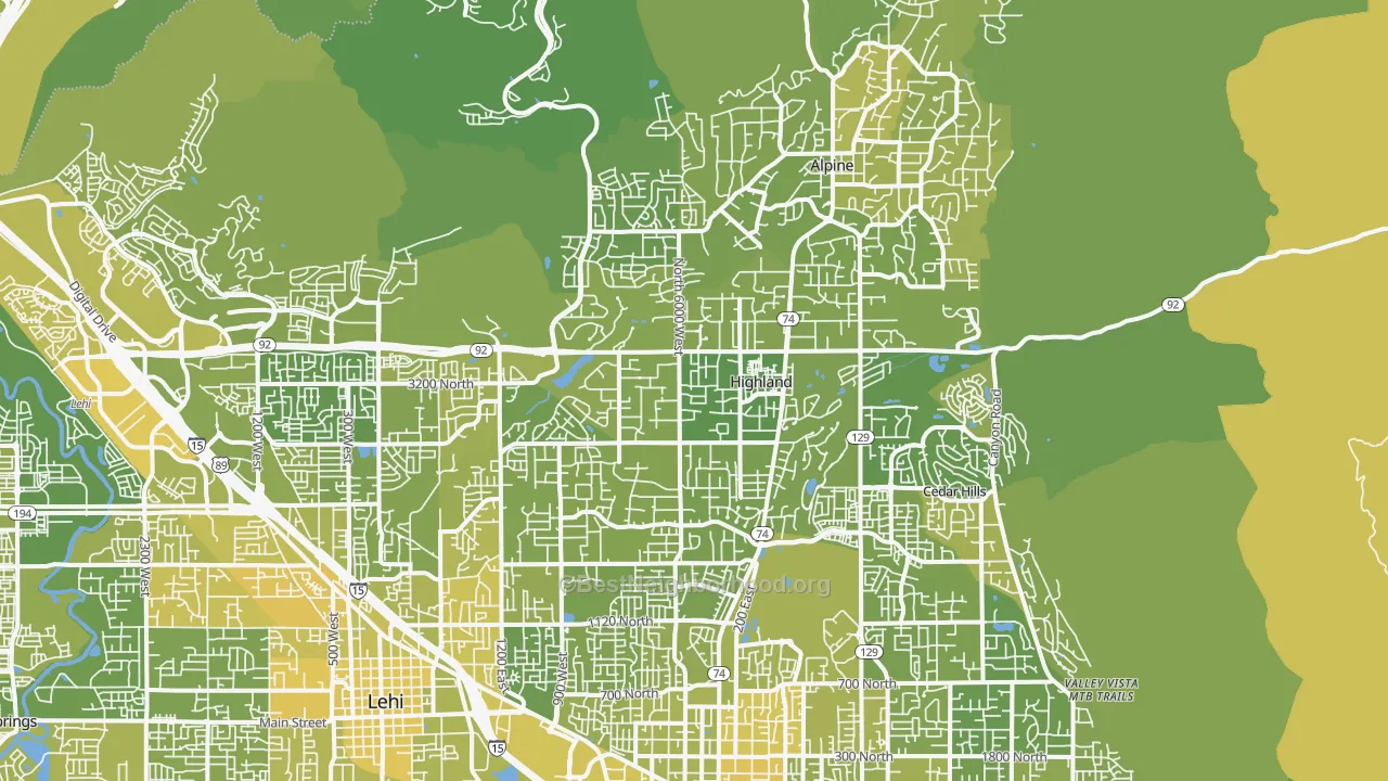 Map of the best neighborhoods in the Highland area, with better matches in green and worse matches in red
