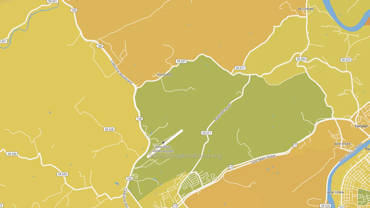 Map of the best neighborhoods in the Highland area, with better matches in green and worse matches in red