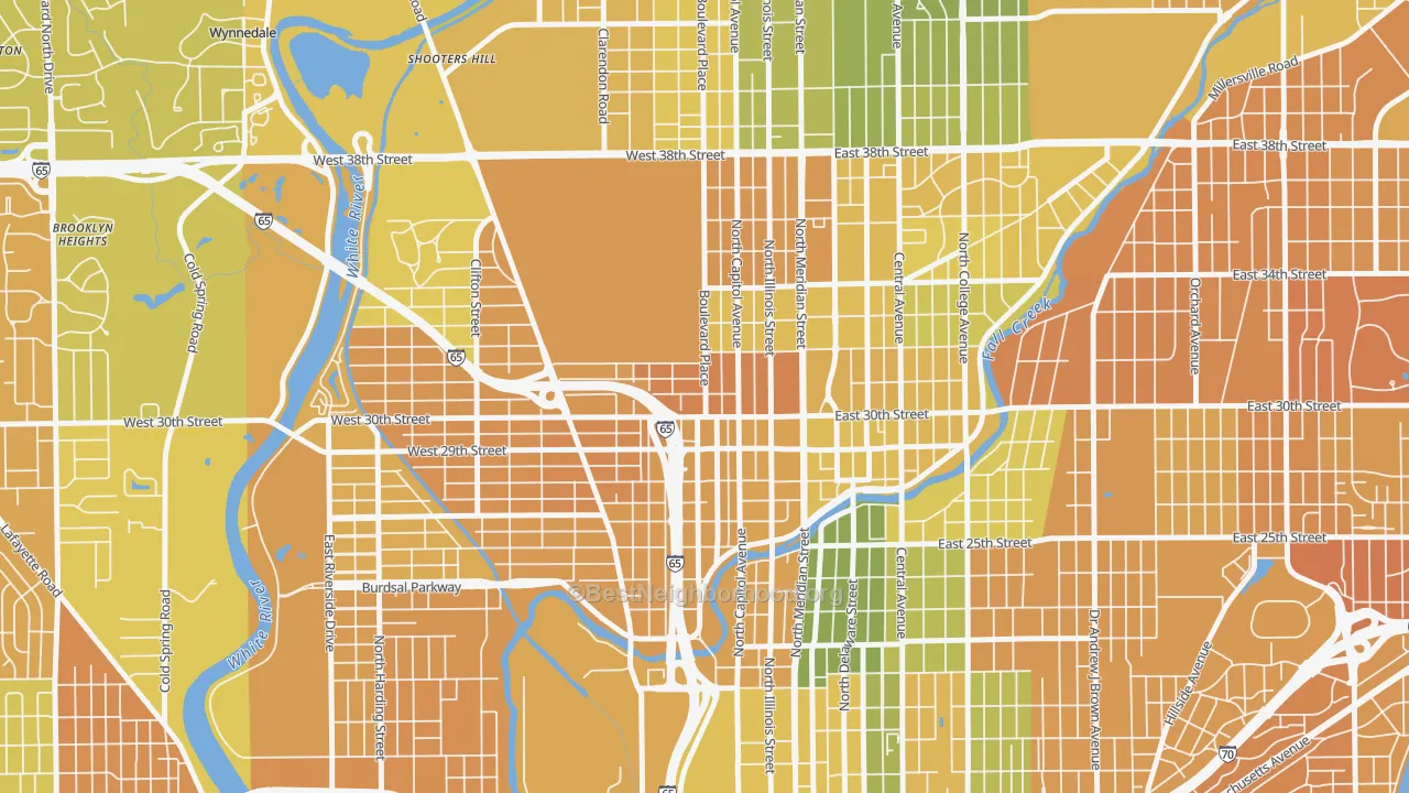 Map of the best neighborhoods in the Highland Vicinity, Indianapolis area, with better matches in green and worse matches in red