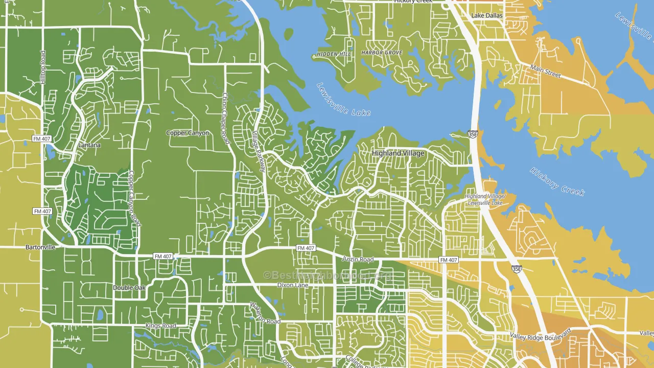 Map of the best neighborhoods in the Highland Village area, with better matches in green and worse matches in red