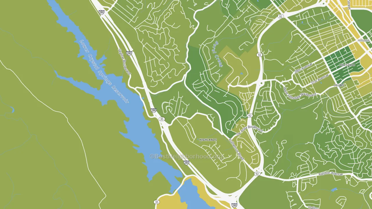 Map of the best neighborhoods in the Highlands-Baywood Park area, with better matches in green and worse matches in red