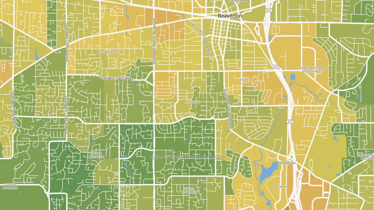 Map of the best neighborhoods in the Highlands, Beaverton area, with better matches in green and worse matches in red