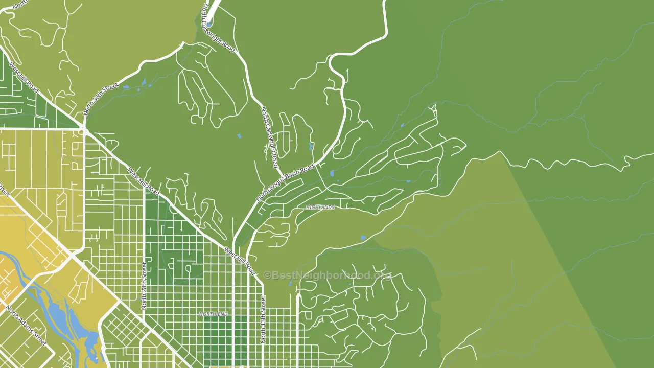 Map of the best neighborhoods in the Highlands, Boise area, with better matches in green and worse matches in red