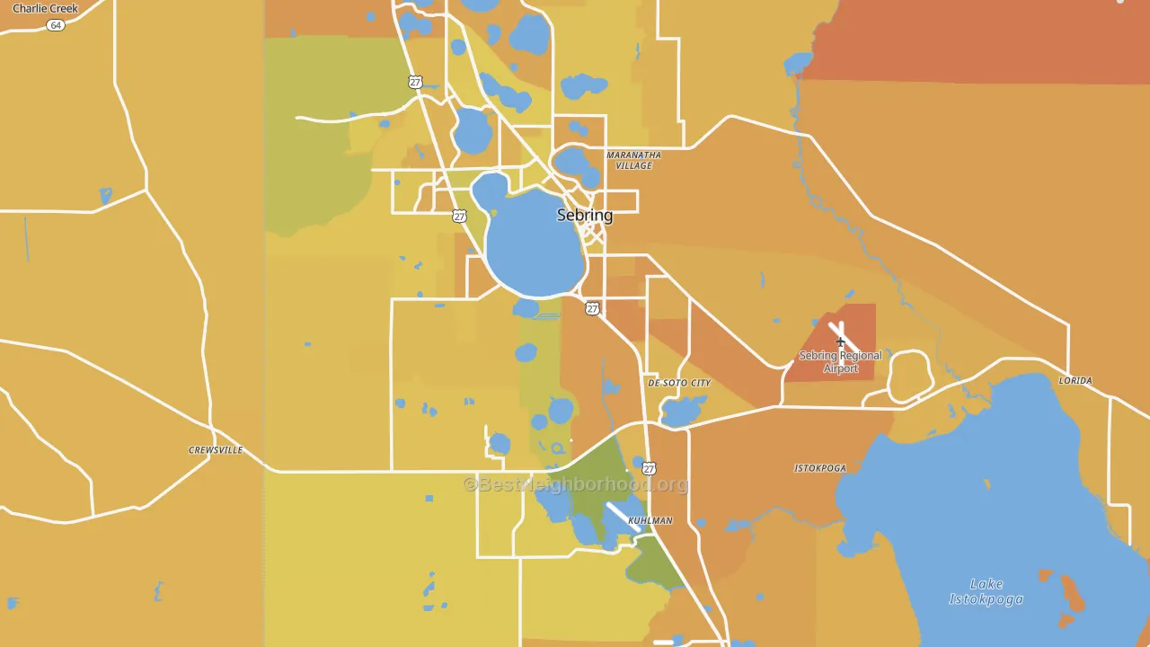 Map of the best neighborhoods in the Highlands County area, with better matches in green and worse matches in red
