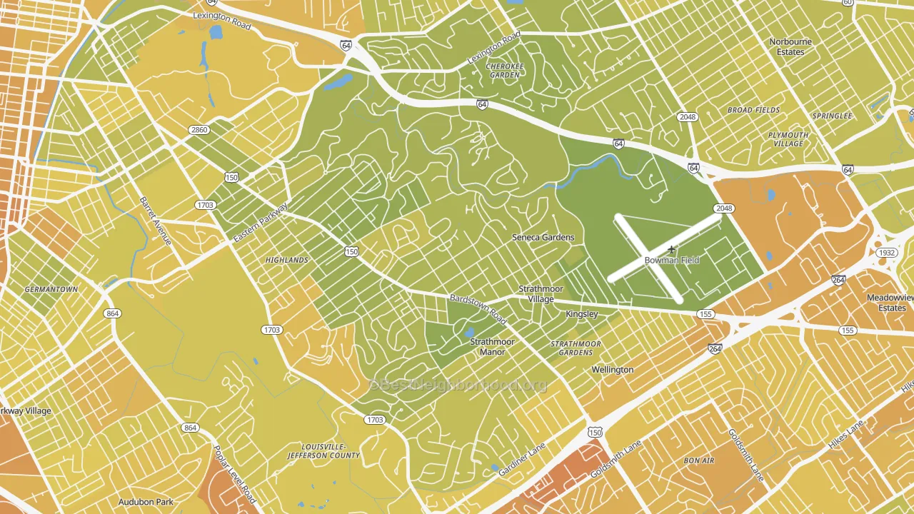 Map of the best neighborhoods in the Highlands Douglass, Louisville area, with better matches in green and worse matches in red