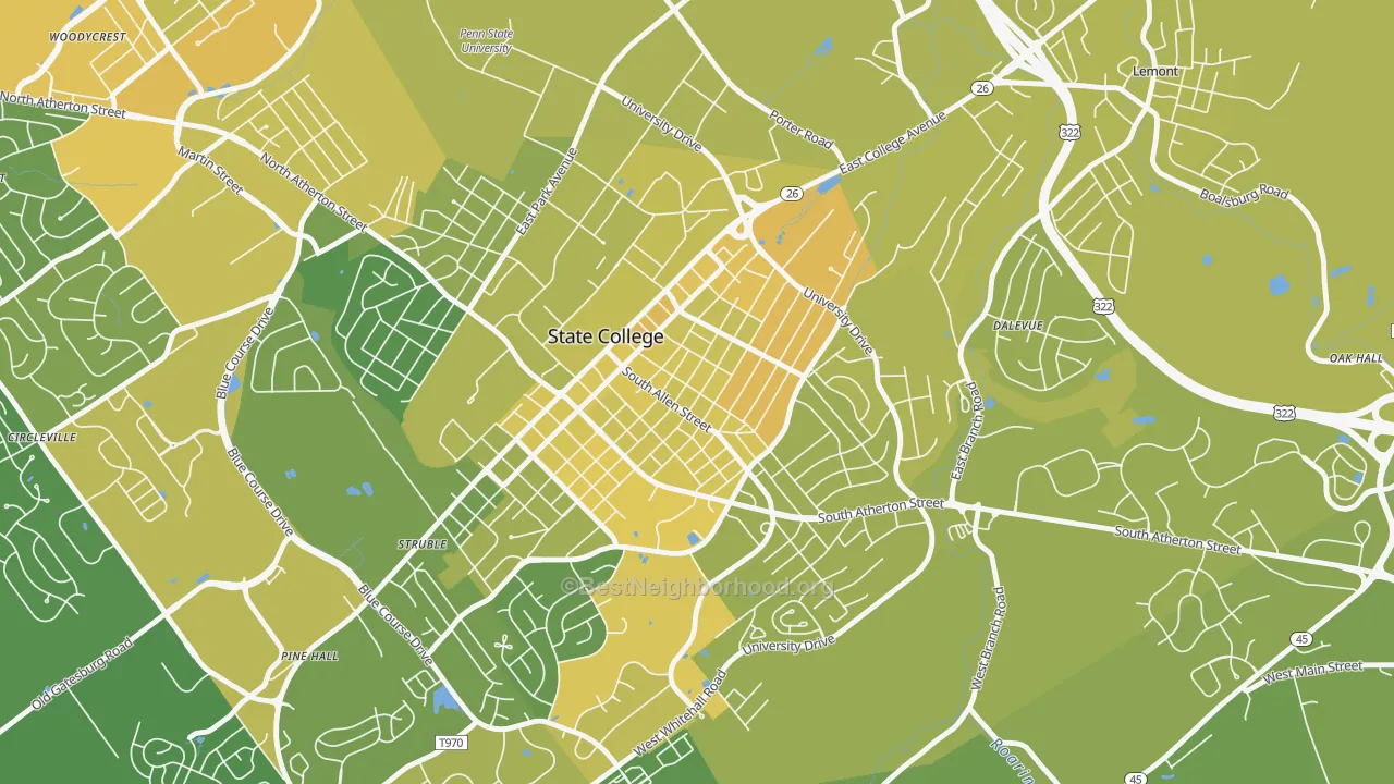 Map of the best neighborhoods in the Highlands Historic District, State College area, with better matches in green and worse matches in red