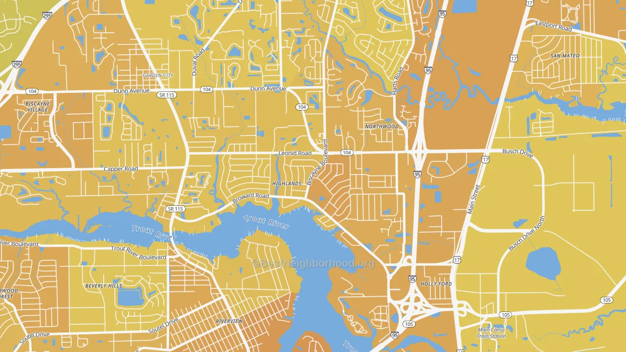Map of the best neighborhoods in the Highlands, Jacksonville area, with better matches in green and worse matches in red