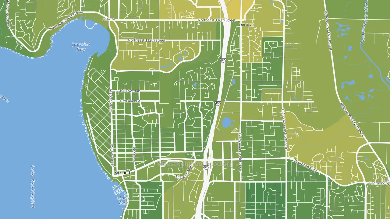 Map of the best neighborhoods in the Highlands-Kirkland, Kirkland area, with better matches in green and worse matches in red