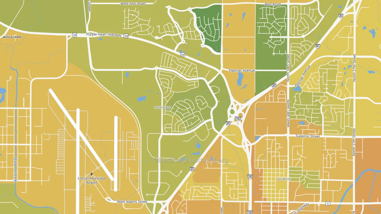 Map of the best neighborhoods in the Highlands, Lincoln area, with better matches in green and worse matches in red