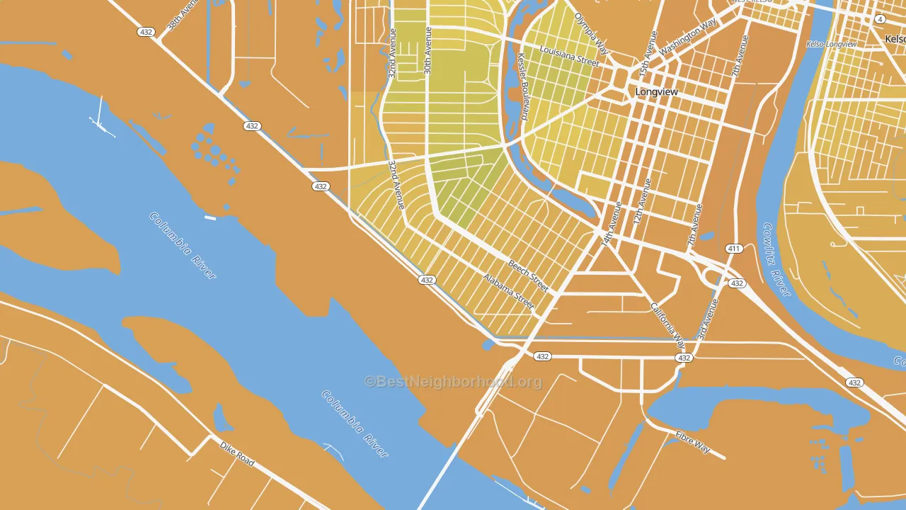 Map of the best neighborhoods in the Highlands, Longview area, with better matches in green and worse matches in red
