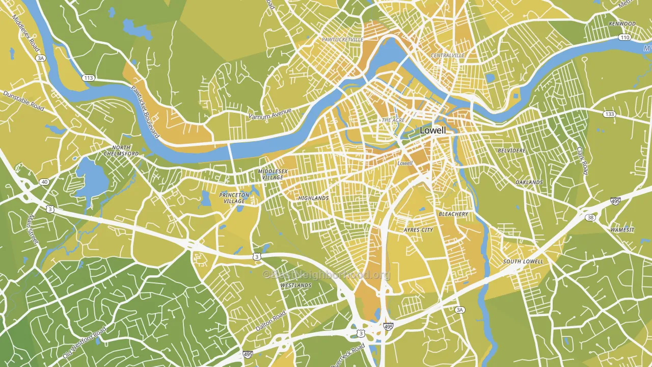 Map of the best neighborhoods in the Highlands, Lowell area, with better matches in green and worse matches in red