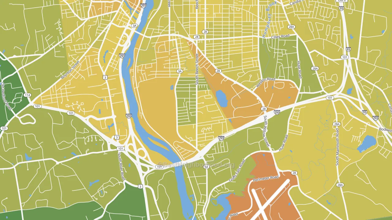 Map of the best neighborhoods in the Highlands, Manchester area, with better matches in green and worse matches in red