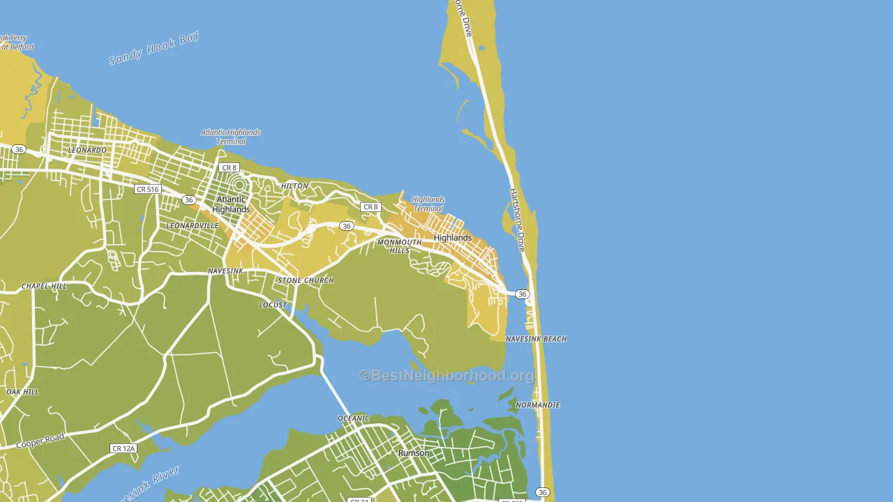 Map of the best neighborhoods in the Highlands area, with better matches in green and worse matches in red