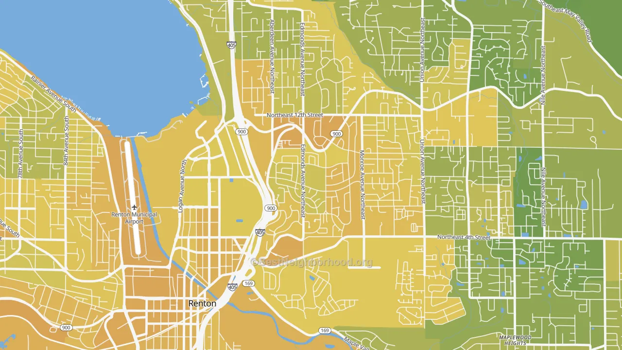 Map of the best neighborhoods in the Highlands Park, Renton area, with better matches in green and worse matches in red