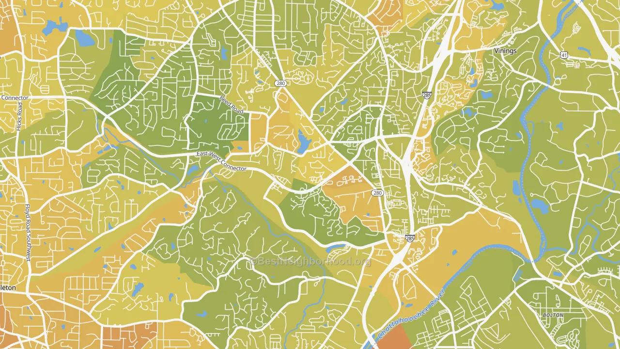 Map of the best neighborhoods in the Highlands Park, Smyrna area, with better matches in green and worse matches in red