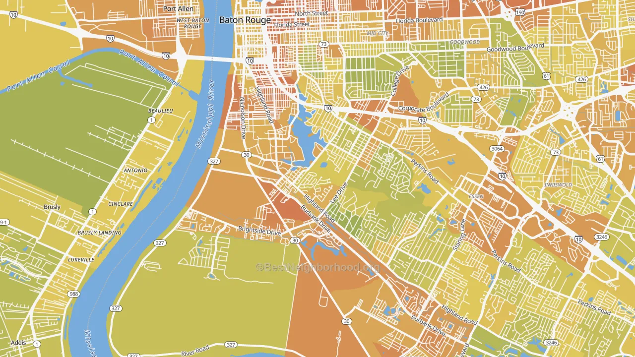 Map of the best neighborhoods in the Highlands-Perkins, Baton Rouge area, with better matches in green and worse matches in red