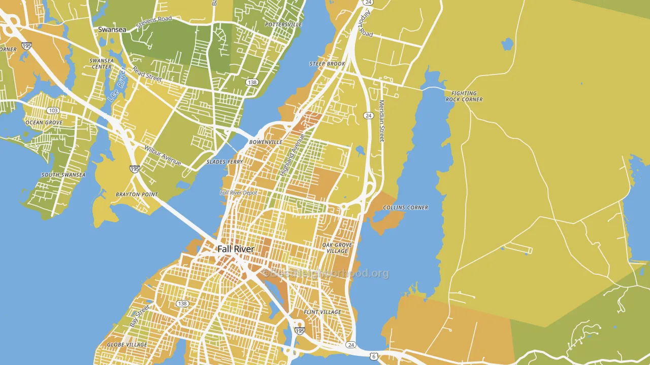 Map of the best neighborhoods in the Highlands-Providence, Fall River area, with better matches in green and worse matches in red