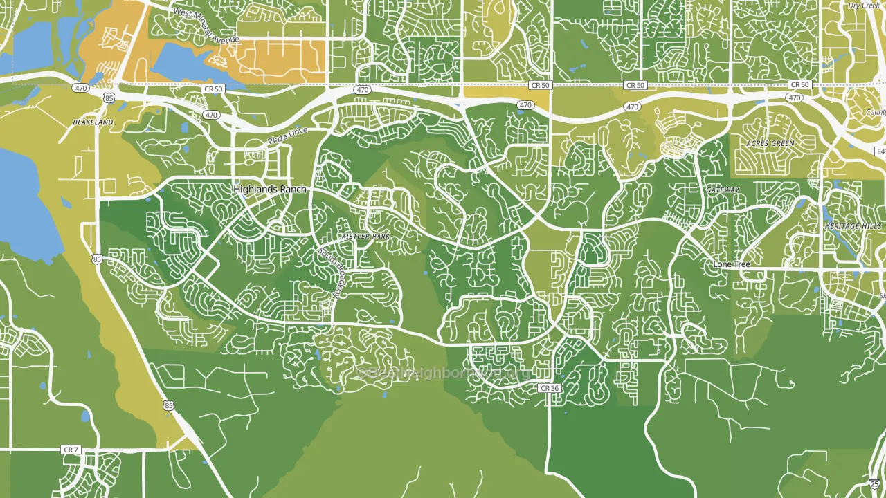 Map of the best neighborhoods in the Highlands Ranch area, with better matches in green and worse matches in red