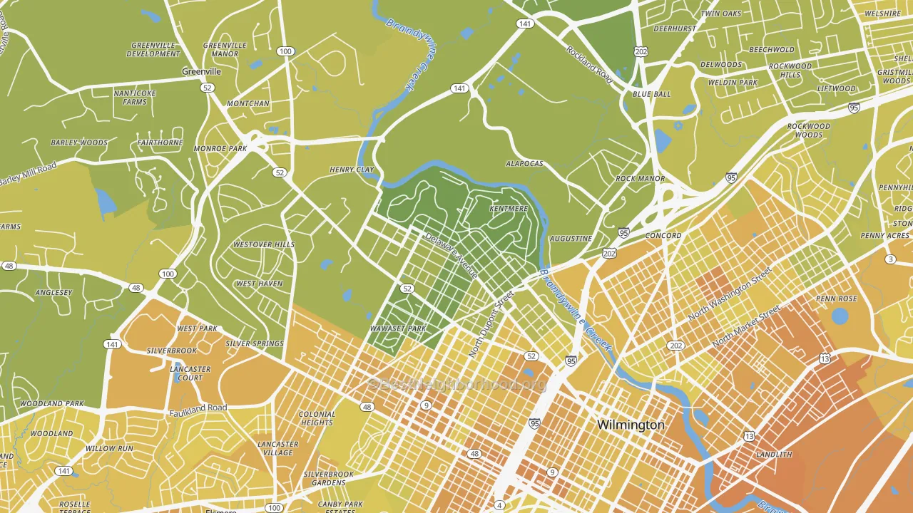 Map of the best neighborhoods in the Highlands, Wilmington area, with better matches in green and worse matches in red