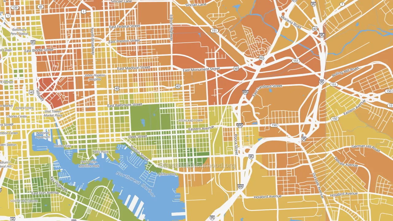 Map of the best neighborhoods in the Highlandtown, Baltimore area, with better matches in green and worse matches in red