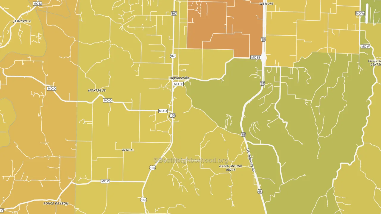 Map of the best neighborhoods in the Highlandville area, with better matches in green and worse matches in red