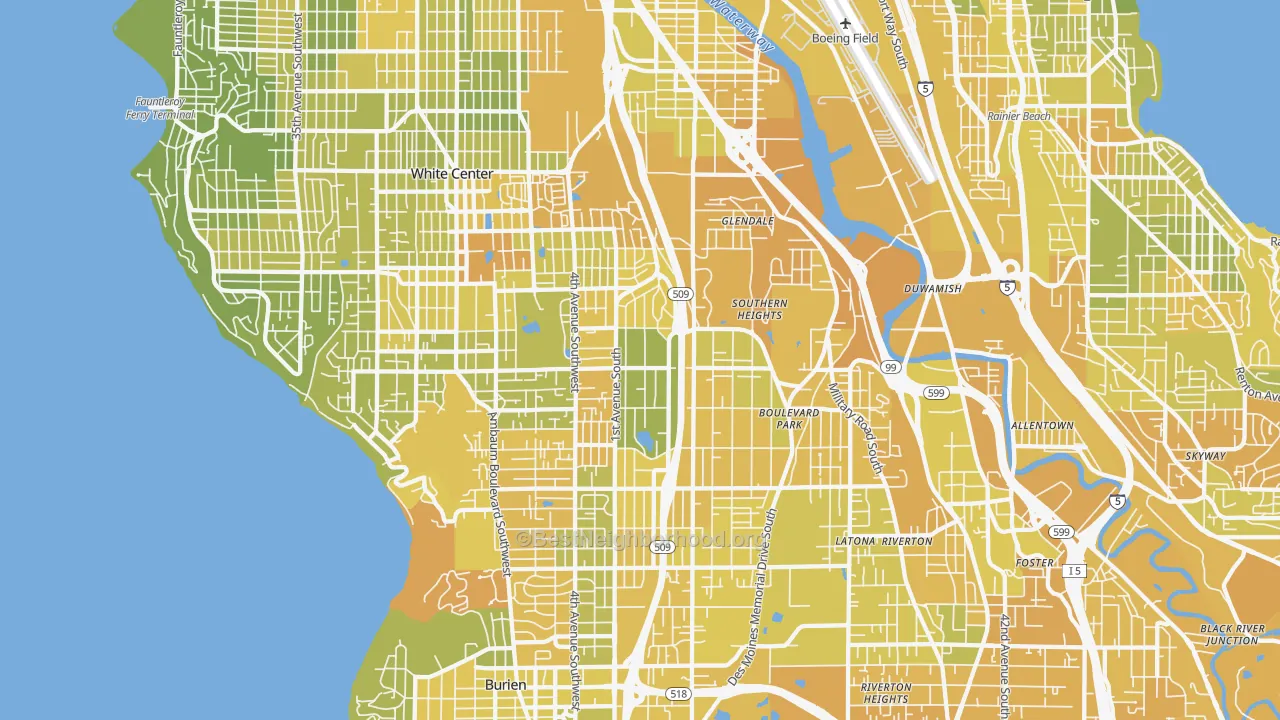 Map of the best neighborhoods in the Highline, Seattle area, with better matches in green and worse matches in red