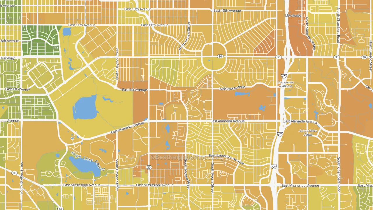 Map of the best neighborhoods in the Highline Villages, Aurora area, with better matches in green and worse matches in red