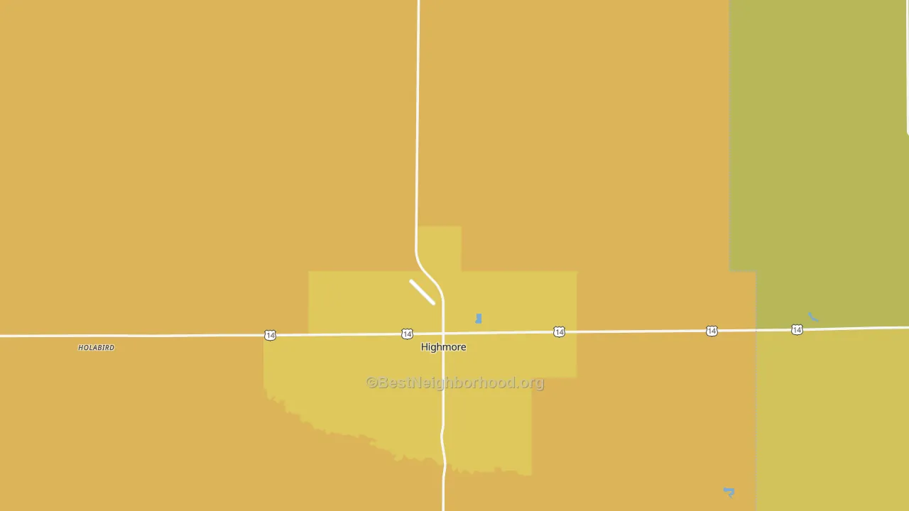 Map of the best neighborhoods in the Highmore area, with better matches in green and worse matches in red