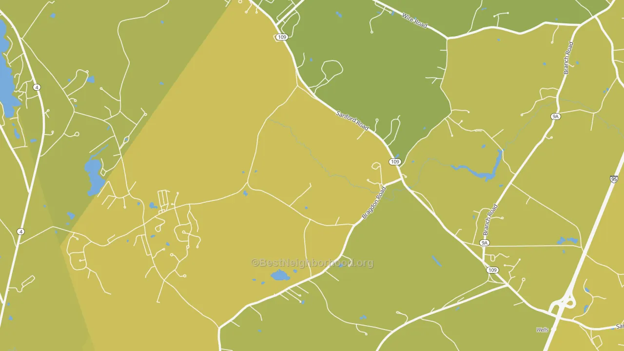 Map of the best neighborhoods in the Highpine area, with better matches in green and worse matches in red