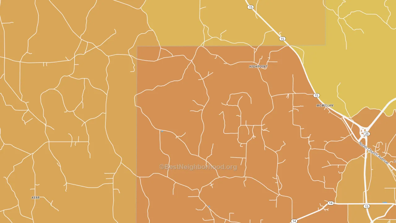 Map of the best neighborhoods in the Highpoint area, with better matches in green and worse matches in red