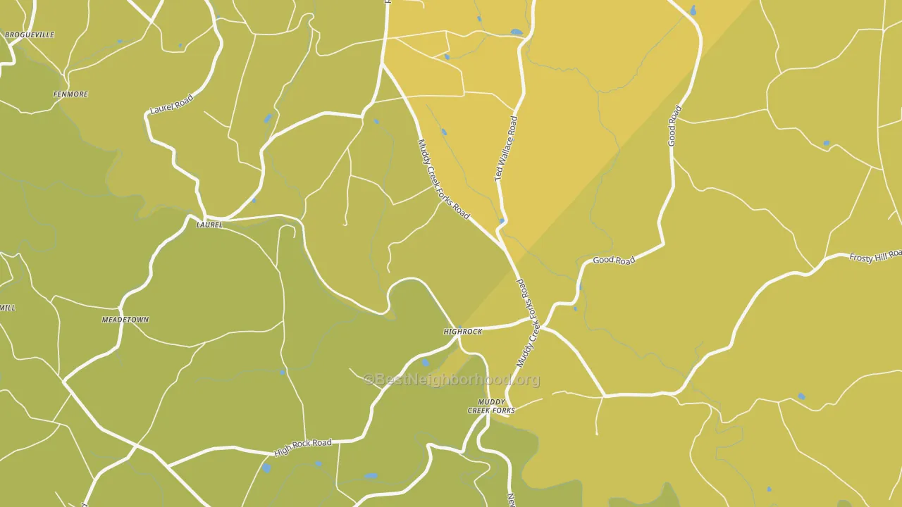 Map of the best neighborhoods in the Highrock area, with better matches in green and worse matches in red