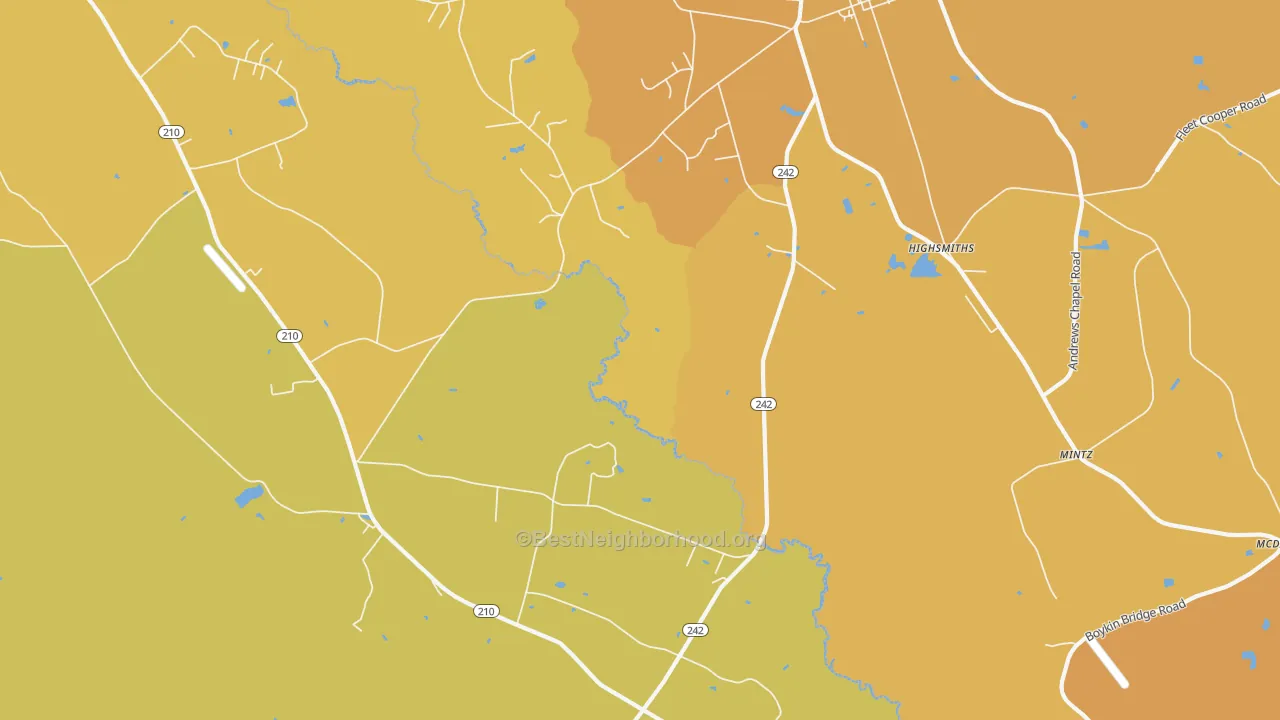 Map of the best neighborhoods in the Highsmiths area, with better matches in green and worse matches in red
