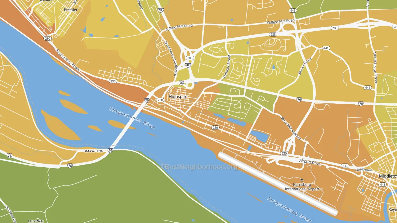 Map of the best neighborhoods in the Highspire area, with better matches in green and worse matches in red