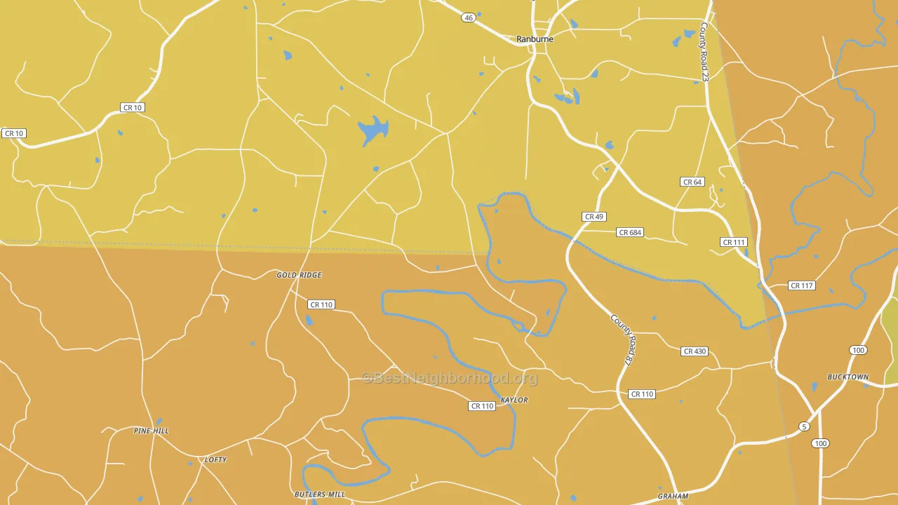 Map of the best neighborhoods in the Hightower area, with better matches in green and worse matches in red